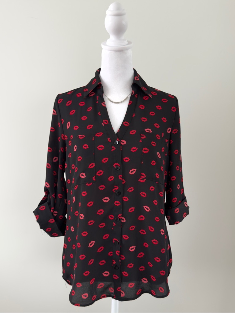 by & by Lip Print Blouse XS Black Red Button Down Top
